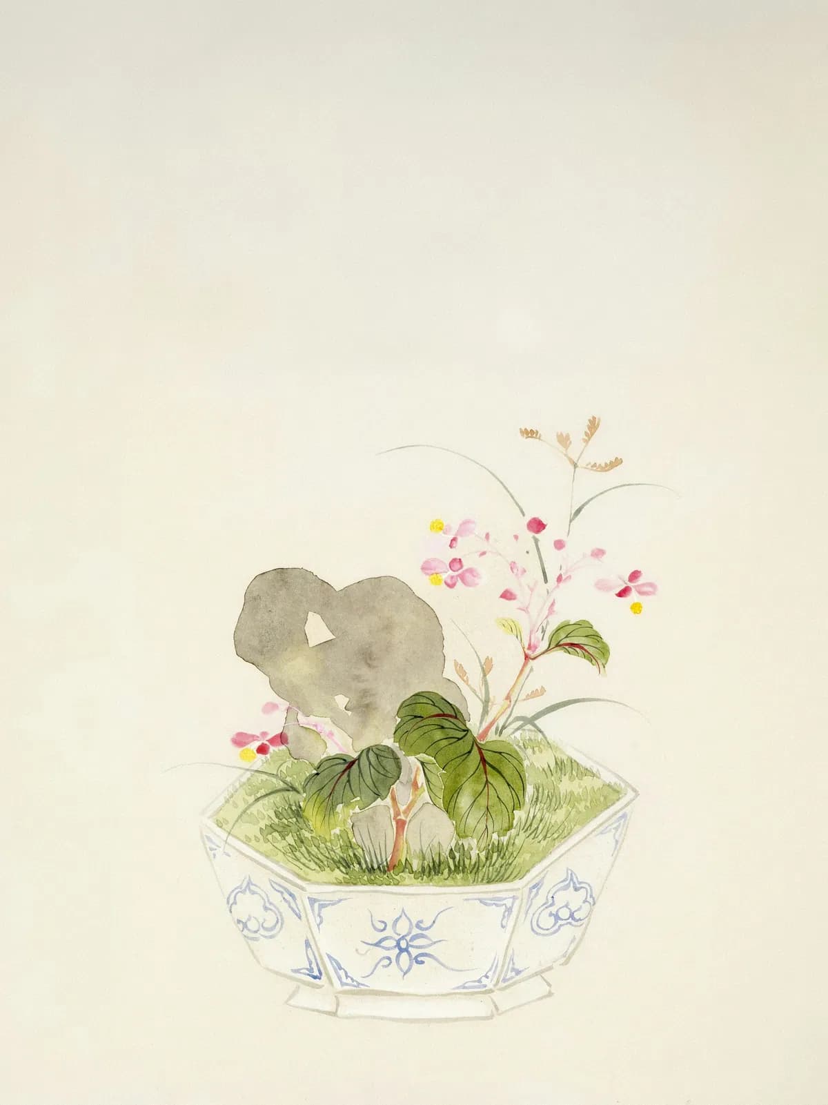 Watercolor of small pink flowers, broad leaves, and a gray stone together in a blue-and-white hexagonal planter