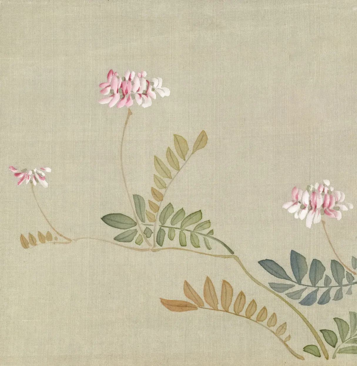 Painting on silk of pink and white pea blossoms on long stems above sprays of green and ochre leaves